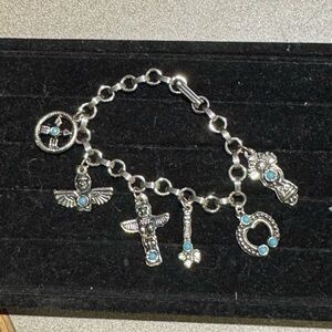 Vtg Silver-Tone Faux Turquoise Native American Southwestern Charm Bracelet